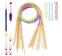 Coopay Lot de 18 aiguilles à tricoter circulaires en bambou - 80 cm - Double pointe - Avec accessoires de tricot et crochets - Aiguilles à tricoter circulaires en bambou naturel - Pour débutants et