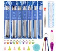 Coopay Lot de 35 aiguilles à tricoter à double pointe en acier inoxydable avec accessoires de tricot, 20 cm, jeu d'aiguilles en métal de 2,0 à 5 mm, aiguilles à tricoter droites pour chaussettes