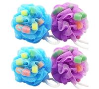 COOPHYA Lot de 4 Boules de Bain en Éponge Forme Cœur pour Garçon et Filles et Adultes, Éponge Naturelle Pe Cordelette pour Suspendre, Couleurs Assorties Couleur Couleur Aléatoire