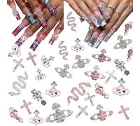 COOSLIM Lot de 30 breloques pour ongles, rose Y2k chromé, pour nail art, 3D, croix, serpent, Saturne, avec strass, planète, pierres précieuses pour ongles, bijoux brillants, accessoires de décoration