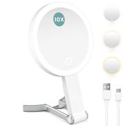 Coovee Miroir Grossissant Lumineux, Double Face 10x/1x Miroir Maquillage Lumineux, avec Lumières éclairag, 3 Couleurs, Pliable, à Main, à Suspendre, de Table, sur Pied, Miroir Coiffeuse Voyage