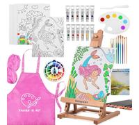 COOZEE Easel Set de peinture 44 pièces avec chevalet de table, kit de démarrage de peinture acrylique avec 12 peintures acryliques, 12 crayons de couleur, pinceaux, plaques en toile et bloc aquarelle