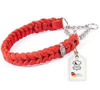 CopcoPet Collier en cuir gras - 35 à 40 cm x 20 mm - Rouge - Tressé avec chaîne d'arrêt - Robuste et doux - Chaîne chromée - Collier en cuir pour petits chiens, entraînement et quotidien