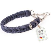 CopcoPet Collier en cuir gras - 45 à 50 cm x 25 mm - Bleu marine - Tressé avec chaîne d'arrêt - Robuste et doux - Chaîne chromée - Collier en cuir pour chiens de taille moyenne - Entraînement et