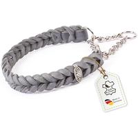 CopcoPet Collier en cuir gras - 45 à 50 cm x 25 mm - Gris - Tressé avec chaîne d'arrêt - Robuste et doux - Chaîne chromée - Collier en cuir pour chiens de taille moyenne - Entraînement et quotidien