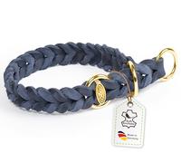 CopcoPet Collier pour chien étrangleur - 55 à 60 cm x 25 mm - Bleu marine - Collier tressé avec stoppeur de traction et anneau en laiton - En cuir gras robuste - Pour grands chiens - Collier
