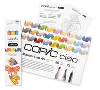 COPIC Ciao LAYER & MIX Starter Set « Brilliant », set de marqueurs avec 3 couleurs, papier marqueur et modèle de dessin à copier, feuille d'exercices incluse