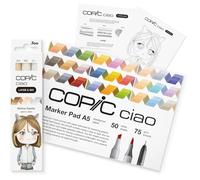 Copic Ciao LAYER & MIX Starter Set Mellow, Marker Set mit 3 verschiedenen Farben, Markerpapier und Zeichenvorlage zum abpausen, inkl. Kennenlern-Übungsblatt
