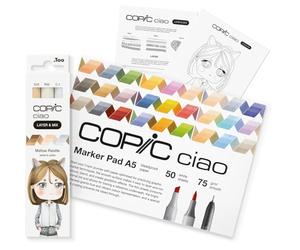 COPIC Ciao LAYER & MIX Starter Set « Mellow », set de marqueurs avec 3 couleurs, papier marqueur et modèle de dessin à copier, feuille d'exercices incluse
