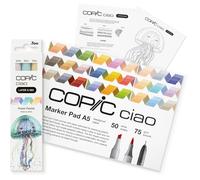 COPIC Ciao LAYER & MIX Starter Set « Pastel », Set de marqueurs de 3 couleurs, papier marqueur et modèle de dessin à copier, avec fiche d'exercices pour apprendre à les connaître