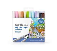 COPIC Ciao Set « My First, Set de démarrage avec 10 marqueurs Twin, 2 Multiliners Black et Sepia 0,3 mm, 3 modèles de coloriage et 8 feuilles de papier Premium DIN A6, guide inclus