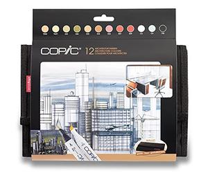 COPIC Classic Set « Couleurs Architecture », Set de 12 pièces en portefeuille, Twin Marker avec une pointe moyenne et une pointe fine