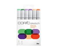 COPIC Sketch Set de 6 marqueurs à encre à alcool permanente double pointe, pointe pinceau ultra souple et large biseautée, rechargeable - Set Couleurs Teintes Secondaires