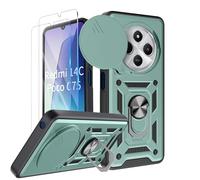 COPIKE Coque Anneau pour Xiaomi Redmi 14C / Redmi A4 / Poco C75 avec Lentille Coulissante Couverture, Étui Support 360 Rotatif Militaire Armor Antichoc Anti-Rayures avec 2 Pièces Verre Trempé, Vert