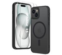 COPIKE Coque Magnétique pour iPhone 15 et 2 Verres Trempés, Compatible avec Mag Safe, Étui Arrière Translucide Givrée Mince Antichoc Anti-Empreintes Digitales Housse, Noir Mat