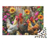 Coq 1000 pièces Puzzle Anniversaire Cadeau pour Adultes, Troupe de Poules dans Un Jardin Fleuri, épais Robuste Vibrant Difficile Anti-Stress 70x50cm/1000pcs