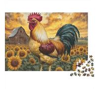 Coq 1000 pièces Puzzle pour Adultes, Coq dans Un Champ de tournesols avec Grange en arrière-Plan, épais Robuste Vibrant Difficile Anti-Stress Jeu Familial déco 70x50cm/1000pcs