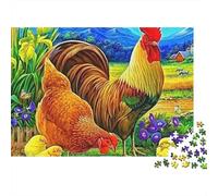 Coq 1000 pièces Puzzle pour Adultes, Coq Poule et Poussins près d'une gamelle dans Un Jardin, Difficile épais Robuste Haute qualité Vibrant Difficile Anti-Stress 70x50cm/1000pcs
