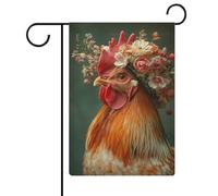 Coq portant un bonnet avec fleurs, drapeau de jardin, vacances saisonnières, toile de jute double face, drapeaux extérieurs de maison, cour, 30,5 x 45,7 cm