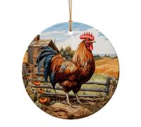 Coq sur bois dans les terres agricoles, ornements ronds et plats à suspendre pour Noël, hiver, Nouvel An, décorations à suspendre