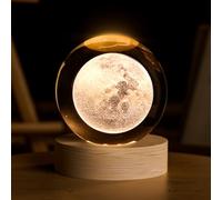 COQIRAUSEN Boule de cristal en forme de lune, 60 mm, boule décorative en verre de quartz avec base en bois, presse-papier, sculpture en cristal, décoration d'intérieur, cadeaux pour femmes et amis