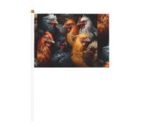 Coqs habillés dans de nombreuses couleurs - Drapeau à main imprimé double face - 14 x 20,8 cm - Convient pour encourager les activités d'équipe