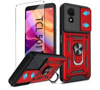 Coque 2 en 1 en verre trempé pour TCL 501 avec glissière pour appareil photo, protection d'écran, coque de protection de qualité militaire robuste avec support de téléphone, rouge