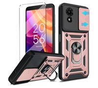 Coque 2 en 1 pour TCL 501 en verre trempé avec glissière pour appareil photo, protection d'écran, coque de protection de qualité militaire robuste avec support de téléphone, or rose