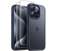 Coque 3-En-1 Mate Pour Iphone 15 Pro 6,1 Pouces Avec 2 Protections D'écran En Verre Trempé, Antichoc Translucide Givré (Bleu Titane)
