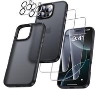 Coque 5-En-1 Pour Iphone 16 Pro Max ¿ 1 Coque + 2 Verres Trempés 9h + 2 Protections Caméra Résistance Antichoc Norme Militaire 8ft, Anti-Jaunissement, Noir Mat, Profil Slim