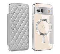 Coque à Rabat pour Google Pixel 8A Compatible avec Charge sans Fil Etui Folio Cuir PU Design Souple Relief et élégant avec Emplacements de Carte Housse de téléphone - Gris