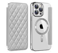 Coque à Rabat pour iPhone 15 Pro Max Compatible avec MagSafe Etui Folio Cuir PU Design Souple Relief et élégant avec Emplacements de Carte Housse de téléphone pour iPhone 15 Pro Max - Gris