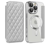 Coque à Rabat pour iPhone 16 Pro Compatible avec MagSafe Etui Folio Cuir PU Design Souple Relief et élégant avec Emplacements de Carte Housse de téléphone pour iPhone 16 Pro - Gris