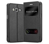 cadorabo Coque pour Samsung Galaxy Grand Prime en Noir COMÈTE - Housse Protection avec Stand Horizontal et Deux Fenêtres - Portefeuille Etui Poche Folio Case Cover