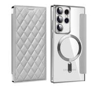 Coque à Rabat pour Samsung Galaxy S23 Ultra Compatible avec Charge sans Fil Etui Folio Cuir PU Design Souple Relief et élégant avec Emplacements de Carte Housse de téléphone - Gris