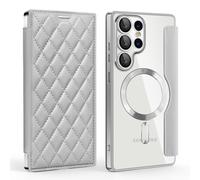 Coque à Rabat pour Samsung Galaxy S25 Ultra Compatible avec Charge sans Fil Etui Folio Cuir PU Design Souple Relief et élégant avec Emplacements de Carte Housse de téléphone - Gris
