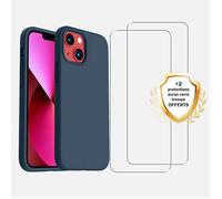 EVETANE Coque iPhone 13 Mini Silicone liquide Bleu Marine + 2 Vitres en Verre trempé Protection écran Antichocs