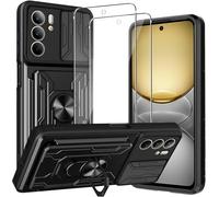 Coque Antichoc Pc+Tpu Pour Realme C75 / Realme 14x 5g - Cache Caméra Coulissant, Anneau Magnétique 360° Support, Emplacement Carte + 2 Verres Trempés Inclus, Noir