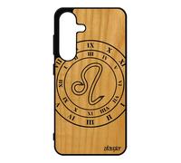 Coque Antichoc Pour Galaxy S25 Bois Veritable Silicone Signe Astrologique Lion Horloge Univers Noir Horoscope Galaxie Smartphone Pour Samsung