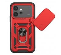 Coque Antichoc pour Honor 600 avec Cache Caméra Pivotant et Bague Support, Rouge