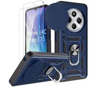 Coque Antichocs - MASSILIA TECH - REDMI 14C / POCO C75 - 2 Vitres en Verre Trempé - Bleu - Anneau Rotatif 360°