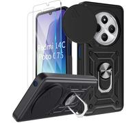 Coque ANTICHOCS - MASSILIA TECH - REDMI 14C / POCO C75 - 2 vitres en verre trempé - Noir - Anneau rotatif 360°