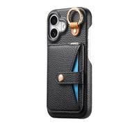 COQUE Apple iPhone 16 avec Crochet, Support, Anti-Choc Téléphone Housse avec Miroir intégré, Texture Cuir Étui Protecteur Slim pour Apple iPhone 16-Noir