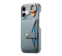 COQUE Apple iPhone 16 avec Crochet, Support, Anti-Choc Téléphone Housse avec Miroir intégré, Texture Cuir Étui Protecteur Slim pour Apple iPhone 16-Bleu
