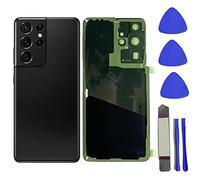 Coque arrière en verre de rechange pour Samsung Galaxy S21 Ultra 5G G998 avec lentille en verre d'appareil photo, ruban adhésif pré-installé + outils (noir fantôme)