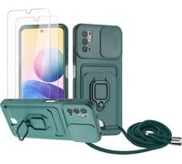 Coque Avec Cordon Compatible Redmi Note 10 5g / Poco M3 Pro 5g - 2 Verres Trempés, Fente Carte, Cache Caméra Coulissant, Anneau Support 360° - Vert Foncé