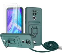 Coque Avec Lanière Compatible Redmi Note 9 - Pack 2 Verres Trempés, Logement Cartes, Cache Caméra Coulissant, Anneau Support 360° - Vert Foncé