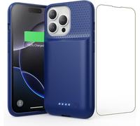 Coque Batterie pour iPhone 16 Pro,7500mAh Batterie Externe Rechargeable,Charge Rapide Chargeur Portable Boitier d'Extension avec Verre Trempé Batterie L'étui pour iPhone 16 Pro(6,3'') (Bleu)