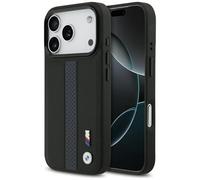 Coque BMW MagSafe iPhone 17 Pro Cuir Synthétique Noir Bleu Logo Métal