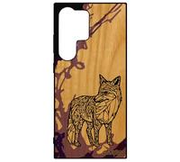 Coque Bois Naturel veritable Silicone Galaxy S24 Ultra Renard Portable azteque Original Tribal Etui Ethnique Peinture Goupil pour Samsung